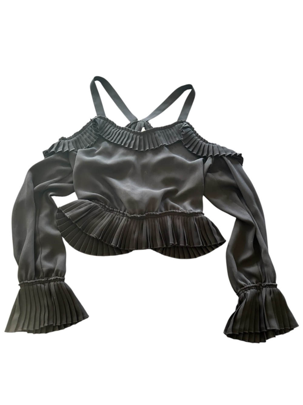 Delfi collective black racerback cold shoulder peplum long sleeve pleated blouse